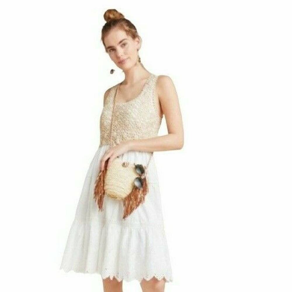Anthropologie Beckett Crochet Dress M Beige White Eyelet Tiered Scoop